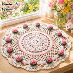 ドイリー レース編み ハンドメイド ミニ薔薇 22センチ ピンク - メルカリ