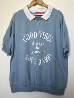 LOVE RABBY ブルー ポロシャツ風Tシャツ ゆったり 丈長めのサムネイル