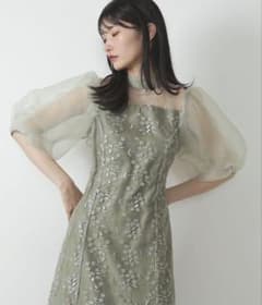 kana シアー素材 ボリューム袖 刺繍レース ワンピース グリーン　S kana シアー素材 ボリューム袖 刺繍レース ワンピース グリーン S