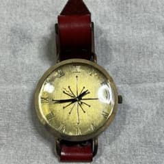 C-Brain(シーブレーン)手作り腕時計ローマ文字　真鍮赤革ベルト稼働品