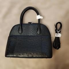 オーストリッチ ブラック ハンドバッグ (ショルダーストラップ付き)