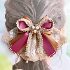 金色の白薔薇　リボンバレッタ　レースバレッタ　ゴールド　アンティークのサムネイル