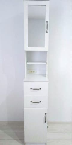 ホワイト収納キャビネット ミラーコンセント2個付き (高さ180cm幅30cm