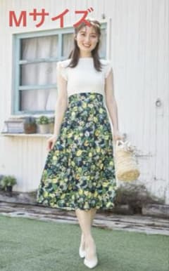 ウエストりぼん付き肩フリルリブカットソー×レモンプリントドッキングワンピースのサムネイル