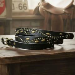 フラワー黒金□本革レザーフルスタッズナローベルト☆アメカジ古着