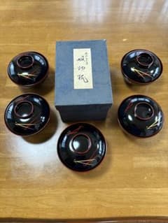 特撰　山中漆　吸物椀　漆器 5個セット 黒赤金模様のサムネイル