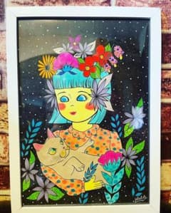 題名『ねんねだよ』　絵画　原画　手描き　ねこ　花のサムネイル