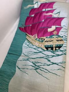 T15 アンティーク着物帯 帆船刺繍 名古屋帯 正絹 和装小物 大正ロマン