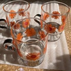 佐々木硝子　コップ取手付　グラス　3個セット　花柄　昭和レトロのサムネイル