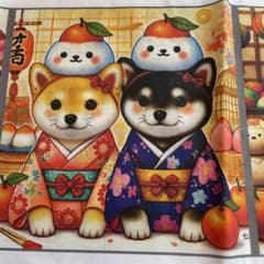 オーダー受付　お正月　鏡餅と柴犬パネル生地　和柄　ハンカチポーチ オーダー受付 鏡餅と柴犬パネル生地 黒柴 お正月 超レア❤️ - メルカリ