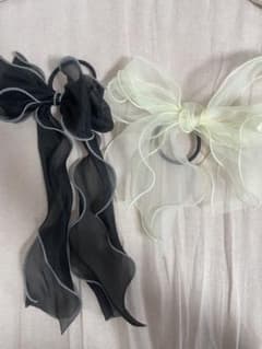 オーガンジーリボン ヘアゴム 2個セット ブラック ホワイトのサムネイル