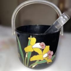 I 昭和レトロ 陶器製アイスぺール 黄色と白花柄艶やかな紫色容器氷入れ！のサムネイル
