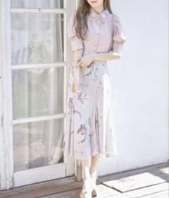 フラワープリントバックレースアップマーメイドスカート　ピンクのサムネイル