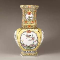 清乾隆琺瑯彩花鳥六方浅黄色花瓶 景徳鎮 陶磁器 装飾品 現代工芸品