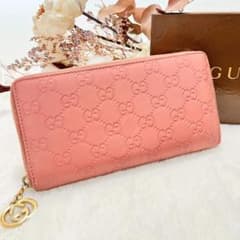 GUCCI グッチ GGシマ ラウンドファスナー ジップ 長財布 ピンク 箱付き