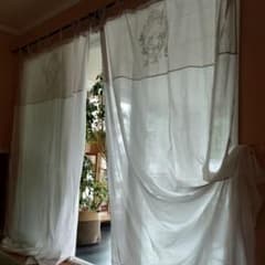 フレンチシック ふんわりコットン グレー×白 紐結カーテン ペア