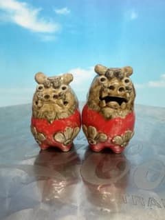 沖縄 だるま獅子ペア 赤緑 高江洲陶器所 シーサーペア③のサムネイル