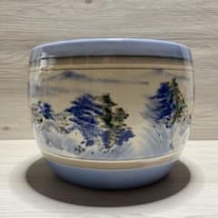陶器製の火鉢　紺色 四角 　鉢カバーにも　年代物 火鉢 陶器 山水画 鉢カバー 茶道具 五徳つき - メルカリ