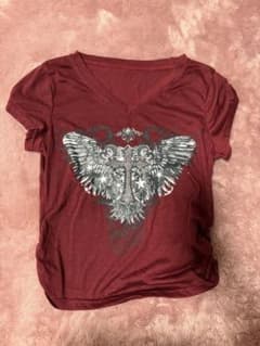 Vネック 半袖 Tシャツ ワインレッド クロス ウィングプリントのサムネイル