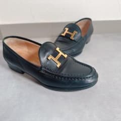 【エルメス】ローファー ヒール　ゴールド金具　Hロゴ 黒　ブラック　レザー　35 HERMES エルメス ローファー レザー H金具 ブラック 35 シューズ 靴