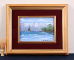 真作】油彩画 小川久雄 雨晴海岸 SM号 額装 岐阜県 日本画 CM524