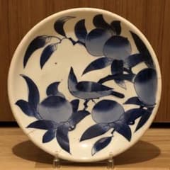 染付 大皿 九寸皿 骨董 飾り皿 目跡 鳥 桃 金継ぎ用 アンティーク 時代物