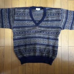 Vネック 総柄 ニット セーター ネイビー ノルディック フェアアイルのサムネイル