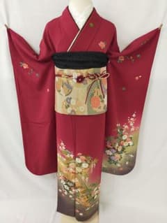 美品】正絹振袖3点セット 赤系 御所車 四季花 王道古典柄 Lサイズ 成人 