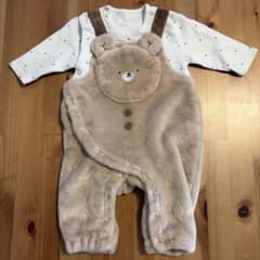 クマ耳付きロンパース 60cm ベージュのサムネイル