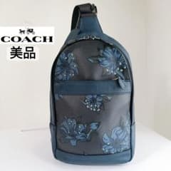 希少美品 COACH フラワープリント ボディバッグ　ネイビー レザー 花柄 希少美品 COACH フラワープリント ボディバッグ ネイビー レザー 花柄
