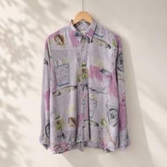 90s vintage 長袖柄シャツ 紫アート柄 レトロ柄 XL オーバーサイズのサムネイル