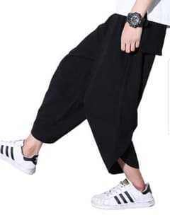 サルエルパンツ 黒 男女兼用 カジュアル ヒップホップ 7分丈 スウェット 無地のサムネイル