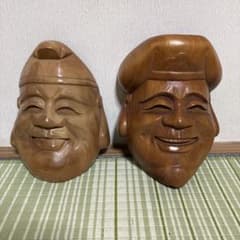 縁起物 大黒天漆面　恵比寿天 木彫り　翁面 アンティーク 3点セット　26M5 大黒天 大黒様 恵比寿様 恵比寿天 15cm 商売繁盛 神棚 七福神 金運