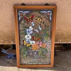 ステンドグラス パネル 花に集まる蝶々 約94×58cm 壁掛け オブジェ ステンドグラス パネル 花に集まる蝶々 約94×58cm 壁掛け オブジェ