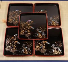 古い膳 螺鈿 流水草花 金銀蒔絵 四方膳 卓上 五客 根来 黒 木製 CM388