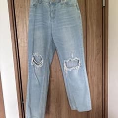 ライトブルー ダメージデニムパンツ ストレートのサムネイル