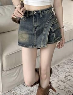 ラップデザイン デニム ショートパンツ ミニスカート ブルー Lのサムネイル