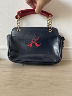 極美品・ベタつきなし】キタムラ 本革 チェーンバッグ 紺 赤 レトロ 
