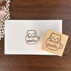 カップとゴールデン　Hello 持ち手付　消しゴムはんこ　スタンプ　ハンドメイドのサムネイル