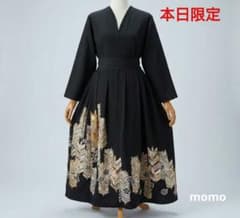 正絹 黒留袖 矢羽と梅 ウエストリボン付きタック入りワンピース♪着物