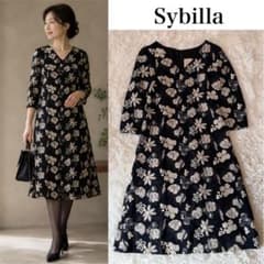 シビラ 花柄総刺繍ワンピース M 七分袖 フレア Aライン 黒 日本製 
