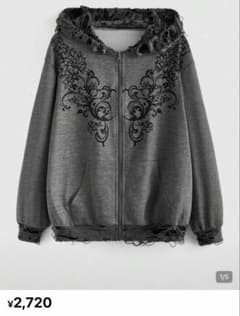 グレー フローラルプリント ダメージ加工 ジップアップパーカーのサムネイル