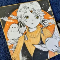 Thumbnail of 色紙原画　シマエナガと女の子　手描き　イラスト　アナログ