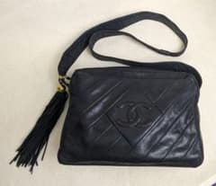 CHANEL 斜めステッチ ココマーク フリンジ レザー ショルダーバッグ 