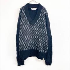 ニット Vネック 総柄【L】黒 ウール お出かけ セーター ブラック 綺麗め