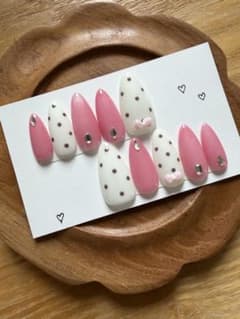 ハンドメイド ネイルチップ ドット リボン ピンクのサムネイル