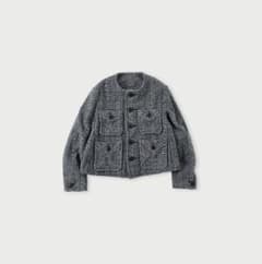 週末限定金額 45R 藍玉手箱ツイードのノーカラーアニージャケット 藍