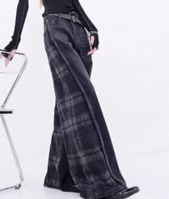 sibraチェック柄ワイドデニムパンツ ブラック バイカラーチェックワイドデニムのサムネイル