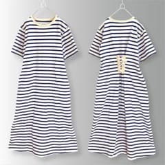 MUVEIL ボーダー ロングワンピース 編み上げ バックデザイン 綿100