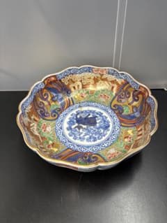 大聖寺伊万里 色絵金彩 窓絵鳳凰 唐獅子牡丹文 輪花鉢 角福 金襴手 大聖寺伊万里 色絵金彩 窓絵鳳凰 唐獅子牡丹文 輪花鉢 角福 金襴手